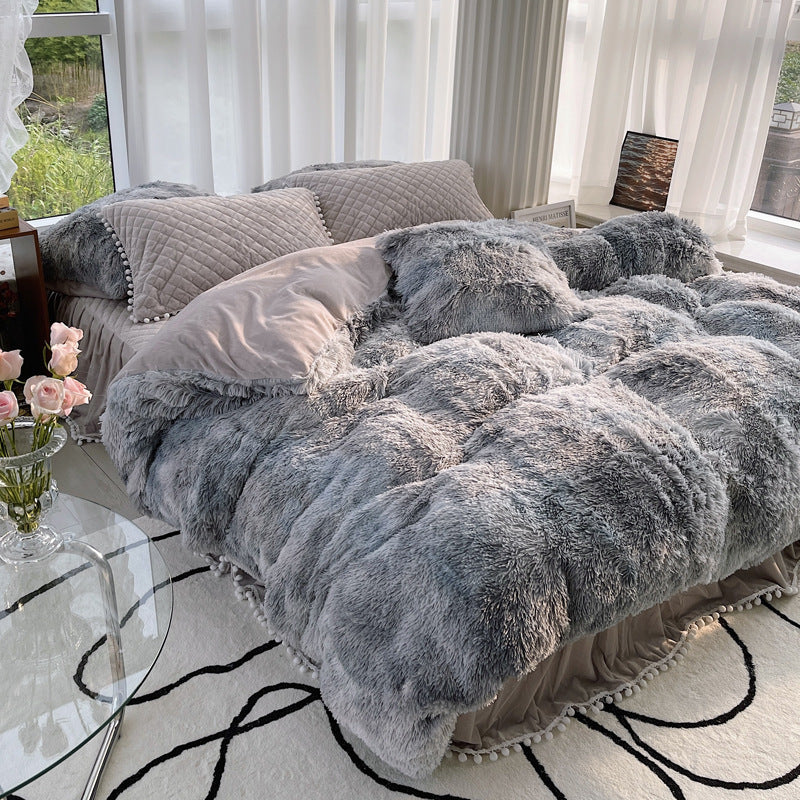 Milk Fiber Winter Mink Fur Bed Four-piece Long Wool Quilt Cover Coral Velvet Double-sided Plush Fleece-lined Quilted Bed Skirt Princess Style