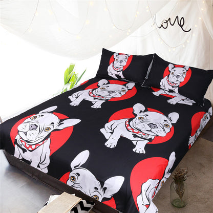 Juego de cama de tres piezas con bulldog rojo y negro