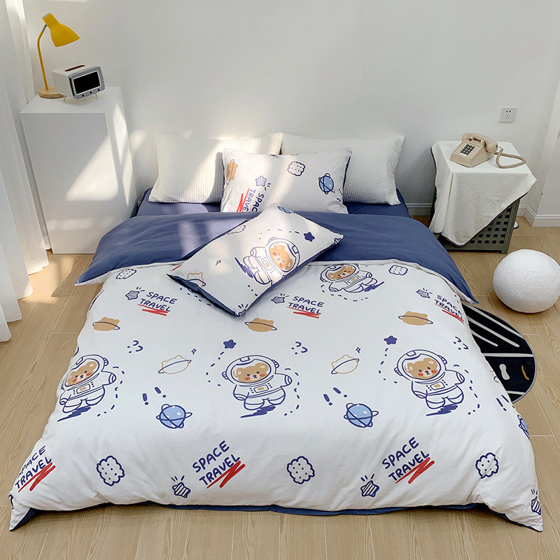 Ensemble de quatre pièces en coton pour fille, housse de couette en pur coton et lin avec motif de cœur et dessin animé