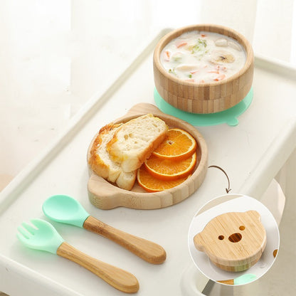 Baby Bamboo Wood Complementary Food Bowl Bear Bowl Baby Training Eating Sucker Bowl