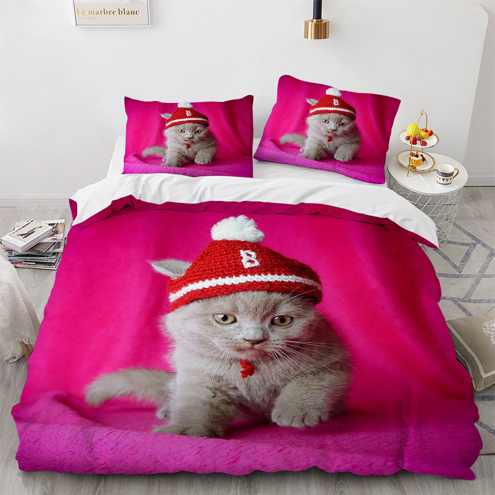 Parure de lit blanche avec housse de couette confortable pour chambre de fille et de femme, motif chat mignon