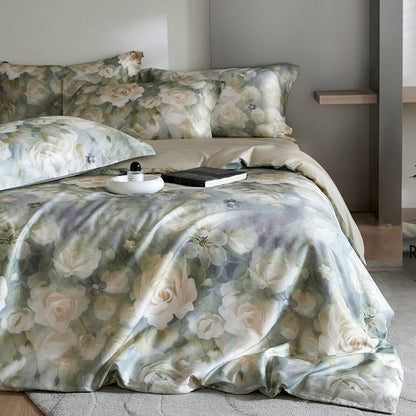 Juego de cama de cuatro piezas con estampado digital de tencel y flores