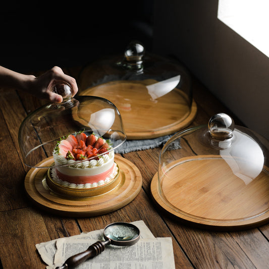 Bamboo wooden cake glass cover tray