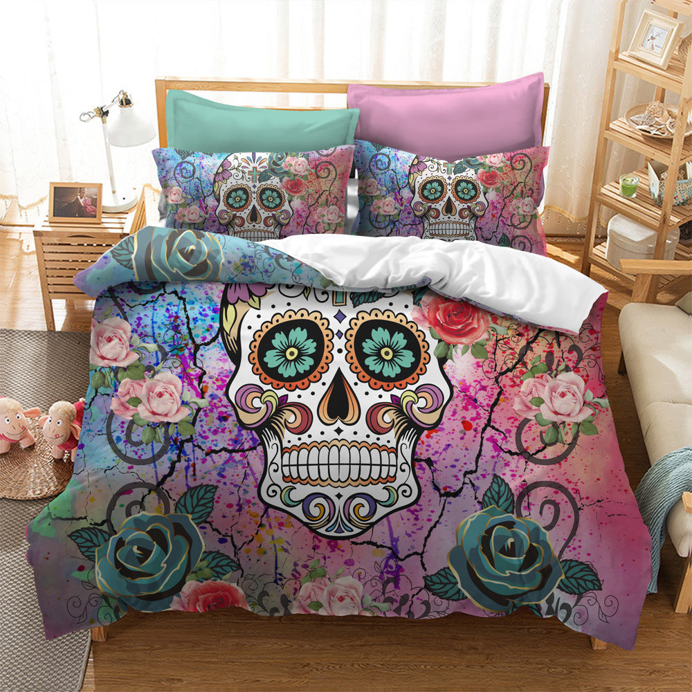 Serie de ropa de cama con diseño de calaveras y flores de acuarela