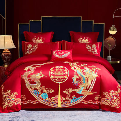 Red Wedding Four-piece Set Wholesale Cotton Wedding Embroidery Bedding Pure Cotton Marriage Bed Xi Quilt Cover Dragon And Phoenix