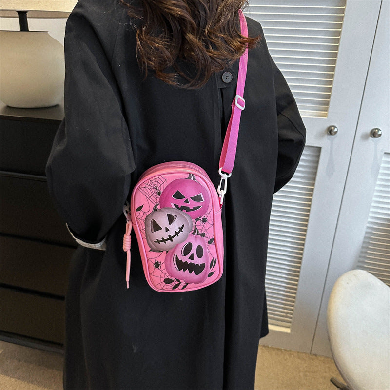 Halloween Graffiti Phone Bag Girls Funny Cartoon Pumpkin Ghost Bat Print Crossbody Bag For Women Mini Personality Creative Shoulder Bags