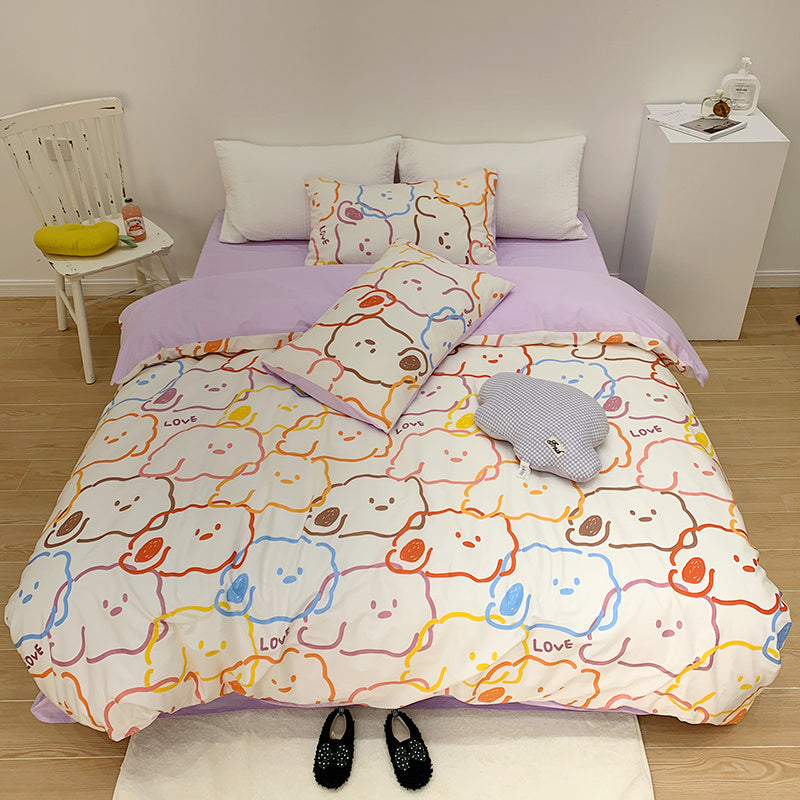 Cotton Four-piece Set Girl Heart Cartoon Pure Cotton  Linen Duvet Cover Bed