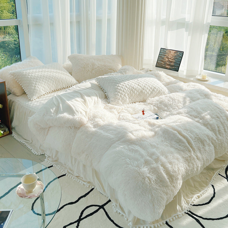 Housse de couette en laine longue quatre pièces en fourrure de vison d'hiver en fibre de lait, velours corail, double face, peluche, doublée de polaire, jupe de lit matelassée, style princesse