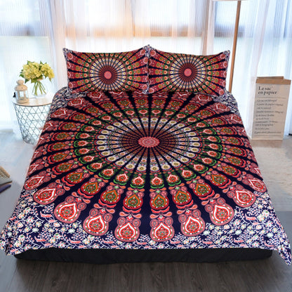 Juego de cama con edredón bohemio con flores rojas y blancas de cuatro piezas