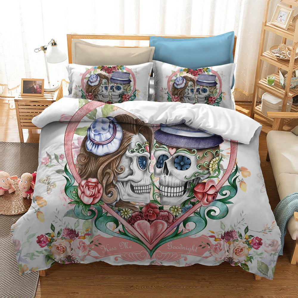 Serie de ropa de cama con diseño de calaveras y flores de acuarela