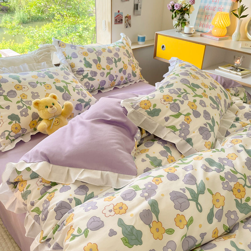 Cama de cuatro piezas estilo princesa de algodón con diseño floral pequeño