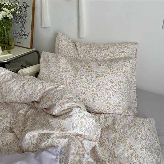 Juego de cama de algodón con estampado floral pequeño para niñas, 4 piezas, para el verano