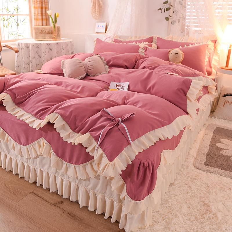 Sábana de lujo ligera para cama de matrimonio con encaje de hojas de loto, estilo princesa para dormir, de cuatro piezas, con falda de cama, color liso para niña