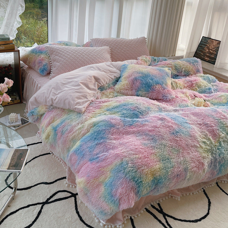 Housse de couette en laine longue quatre pièces en fourrure de vison d'hiver en fibre de lait, velours corail, double face, peluche, doublée de polaire, jupe de lit matelassée, style princesse