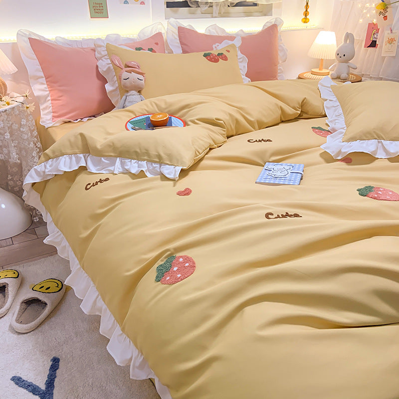 Juego de cama de cuatro piezas estilo princesa con corazones para niña