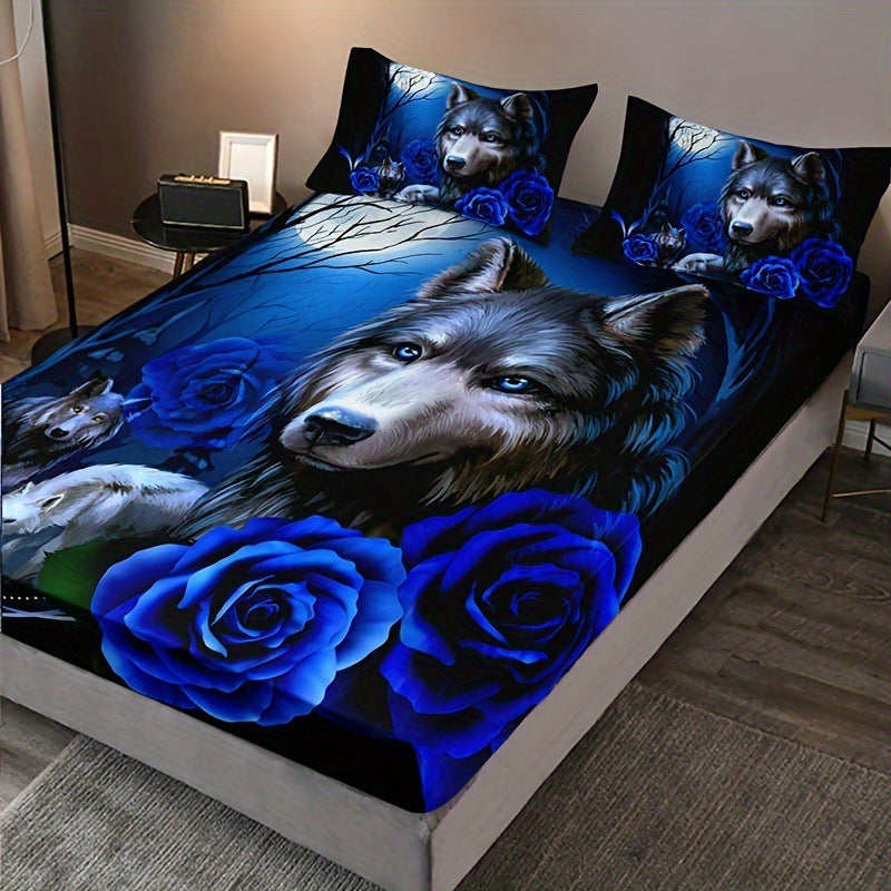 Wolf Blue Rose Pattern Three-piece Bed Sheet Set Bedroom Guest Room School Dormitory