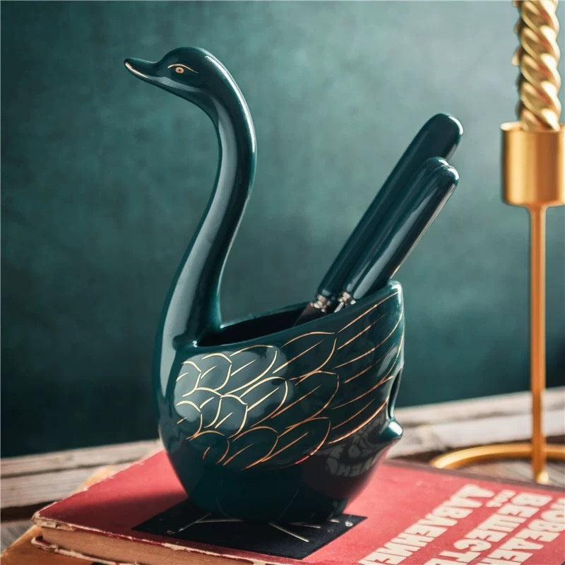 Ceramic Swan Stand Holder Fruit Forks kitchen Cutlery Cake Dessert Fork Spoon Set