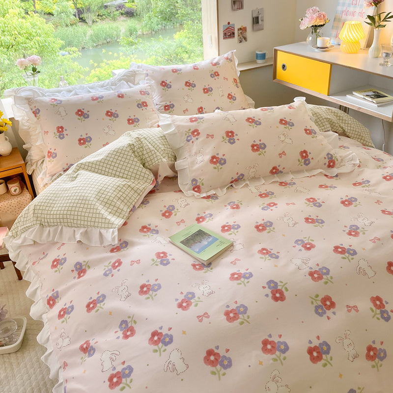 Cama de cuatro piezas estilo princesa de algodón con diseño floral pequeño