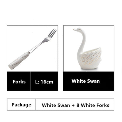 Ceramic Swan Stand Holder Fruit Forks kitchen Cutlery Cake Dessert Fork Spoon Set