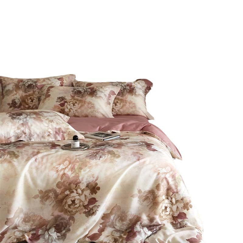 Juego de cama de cuatro piezas con estampado digital de tencel y flores