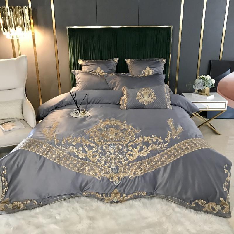 Parure de lit et housse de couette en coton Tencel brodée en quatre pièces