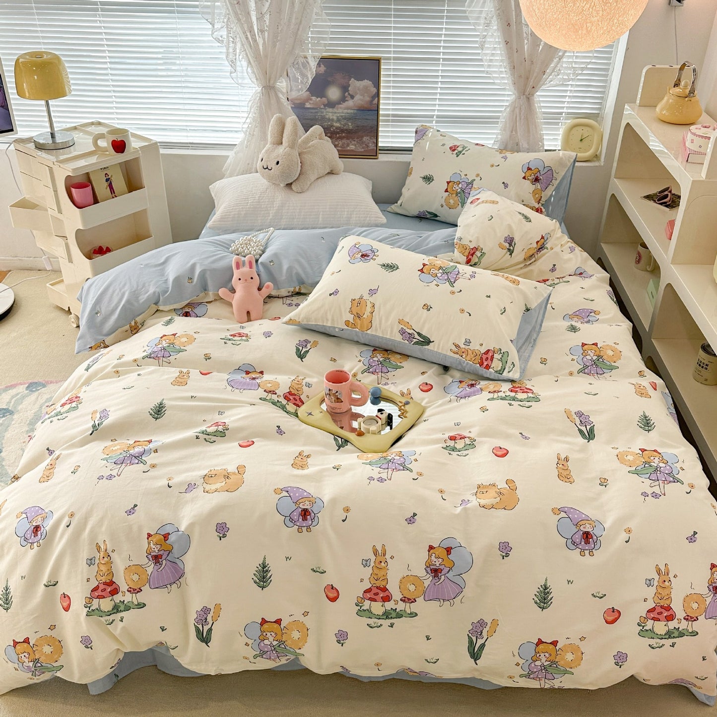 Ensemble de quatre pièces en coton à motif de lapin floral mignon Ensemble de trois pièces en coton pastoral avec housse de couette et drap de lit