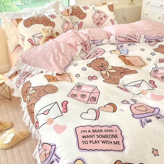 Cute Cotton Summer Princess Wind Bed Three-piece Cartoon