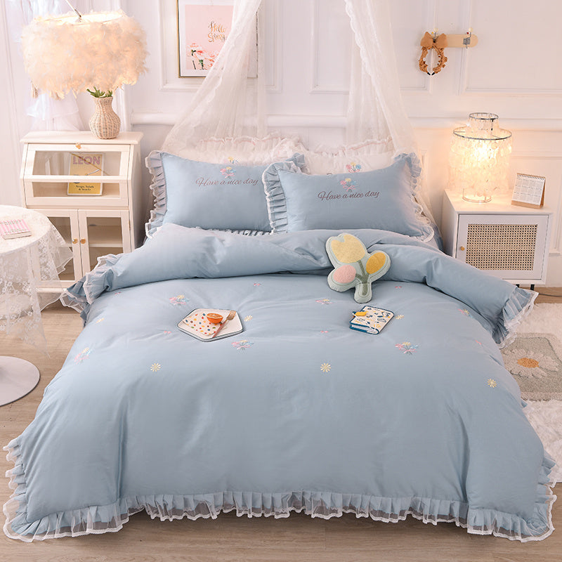 Summer Ruffled Cotton Four-piece Set Girl Heart Embroidery Flower Quilt Cover