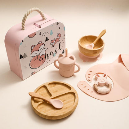 Vaisselle complémentaire pour bébé avec bavoir en silicone, assiette à dîner, paille, tasse, fourchette, cuillère