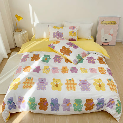 Ensemble de quatre pièces en coton pour fille, housse de couette en pur coton et lin avec motif de cœur et dessin animé