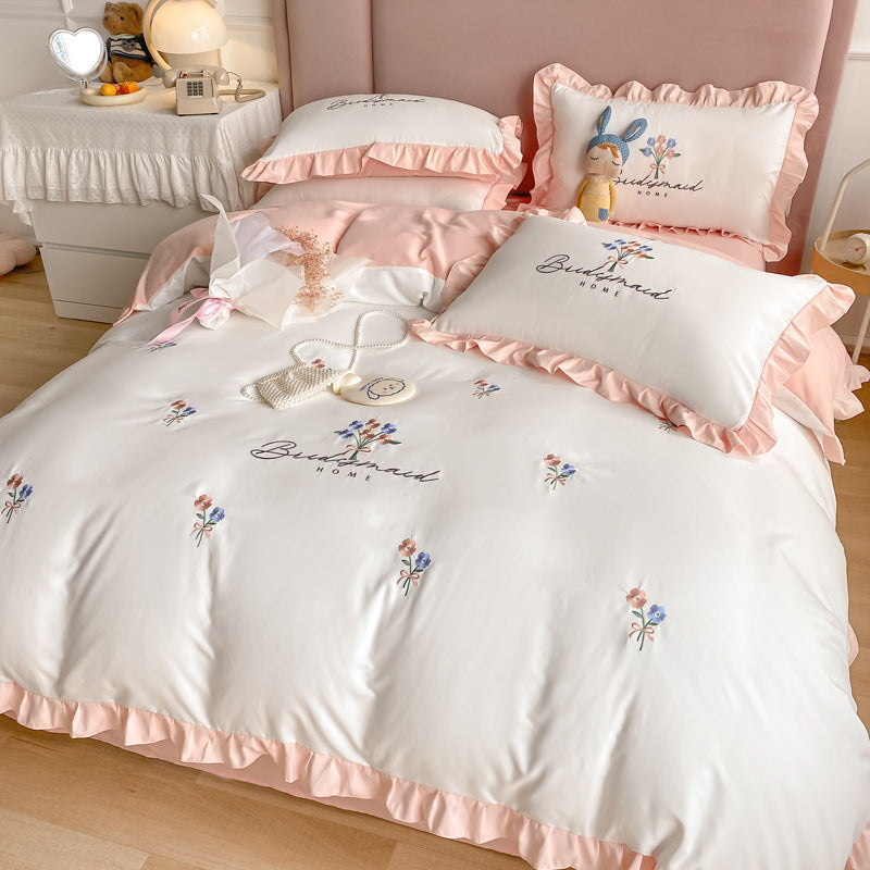 Four-piece Embroidered Quilt Cover For Washed Cotton Bed