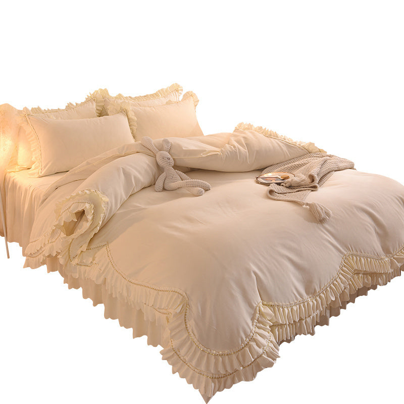 Housse de couette et jupe de lit en dentelle de feuille de lotus, style princesse endormie, quatre pièces, légère et luxueuse, couleur unie, pour fille