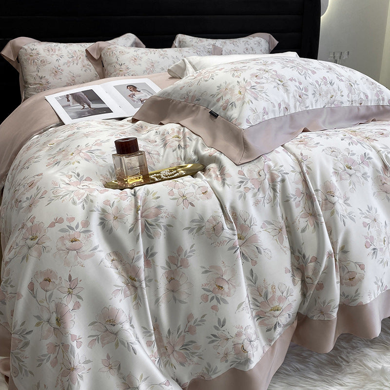 Housse de couette quatre pièces en fibre de lyocell à motif de fleurs et de plantes