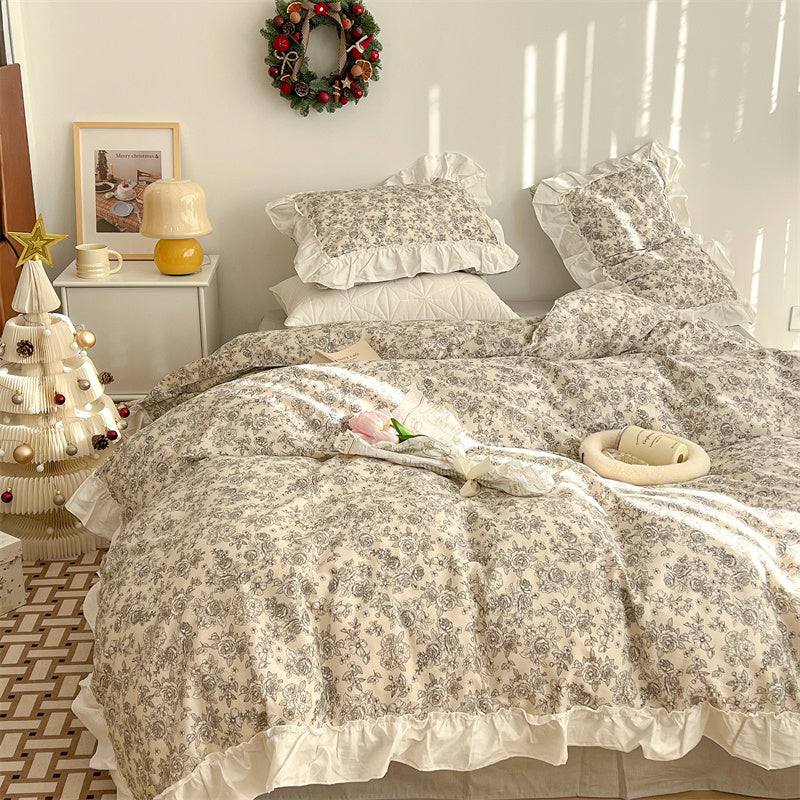 French Blue Rose Ruffle Cotton 4-Piece Lace Twill Bedding