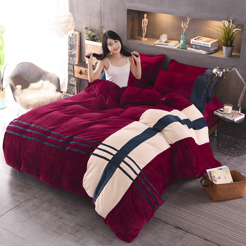 Four-piece Set Of Thickened Color Matching Striped French Velvet Sheets For Autumn And Winter