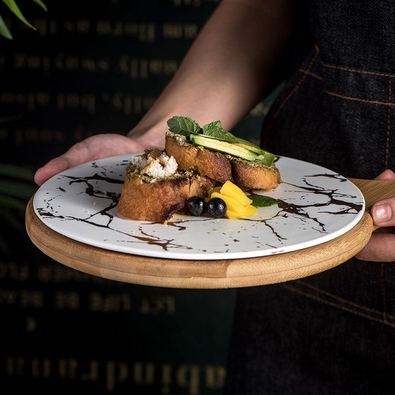 Black Ceramic Round Wooden Tray With Handle