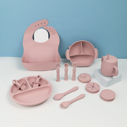 Ensemble de vaisselle en silicone pour enfants, alimentation pour bébé, vaisselle solide, bavoir, bol à ventouse, cuillère, assiette, bavoir, ensemble de 15 pièces