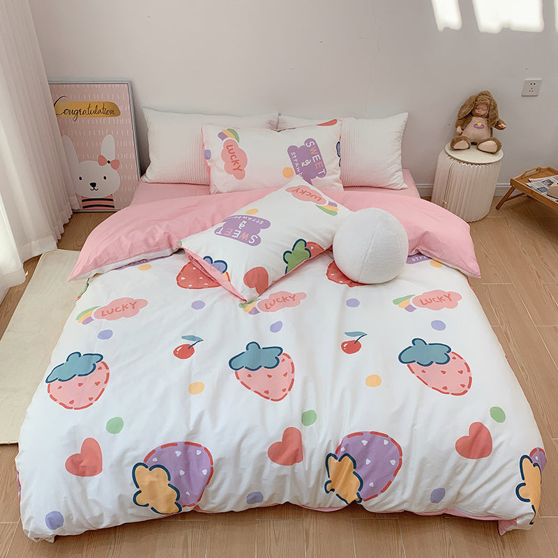 Ensemble de quatre pièces en coton pour fille, housse de couette en pur coton et lin avec motif de cœur et dessin animé