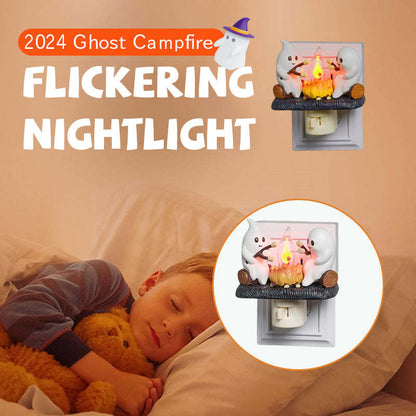 2024 Ghost Campfire Flickering Nightlight 2 Ghosts Roasting Plug Wall Spooky Fire Marshmallow Night Light For Halloween Decor