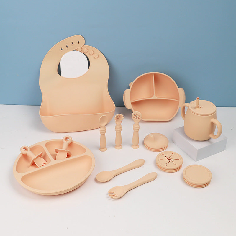 Ensemble de vaisselle en silicone pour enfants, alimentation pour bébé, vaisselle solide, bavoir, bol à ventouse, cuillère, assiette, bavoir, ensemble de 15 pièces