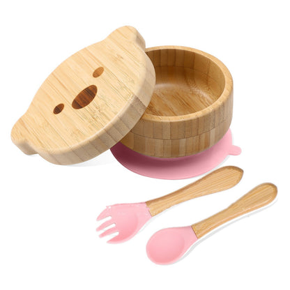 Baby Bamboo Wood Complementary Food Bowl Bear Bowl Baby Training Eating Sucker Bowl