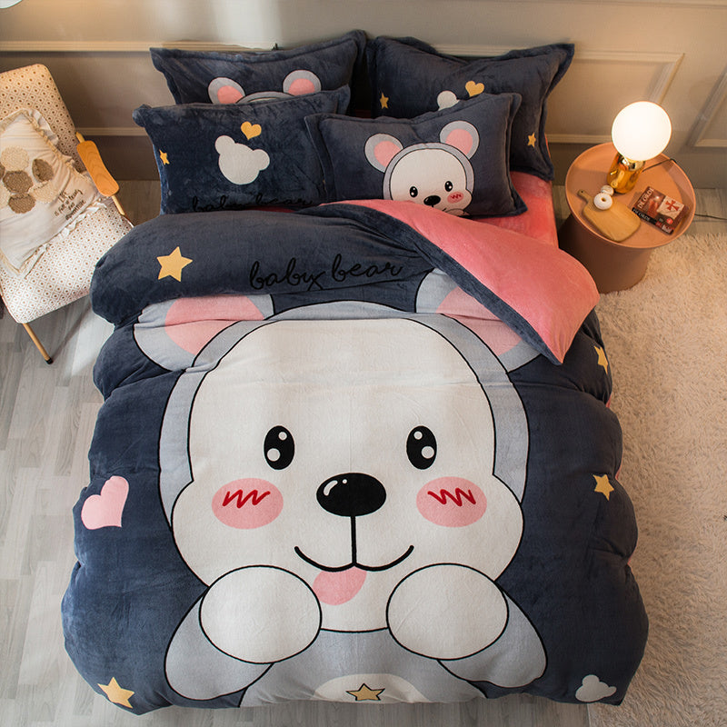 Thickened Cartoon Coral Velvet Bed With Four-piece Winter Milk Flannel Sheets