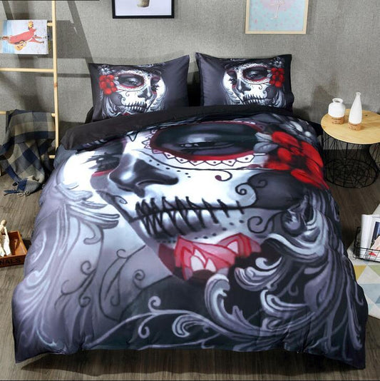 Juego de cama con calavera negra, estilo Halloween, sábanas para cama tamaño queen, king y doble, juego de funda nórdica con calavera y flores de mezcla de algodón