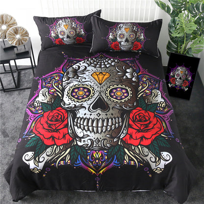 Juego de cama de tres piezas con funda nórdica de calavera