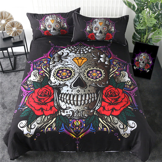 Three-piece bedding set with skull quilt cover