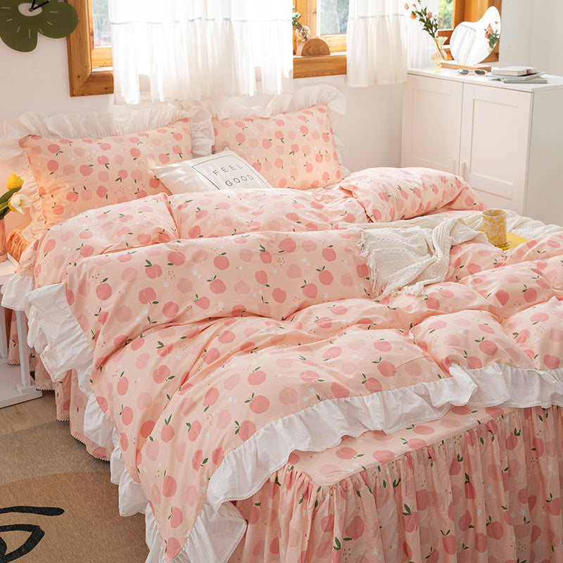 Juego de cuatro piezas de falda de cama con diseño floral pequeño, versión coreana