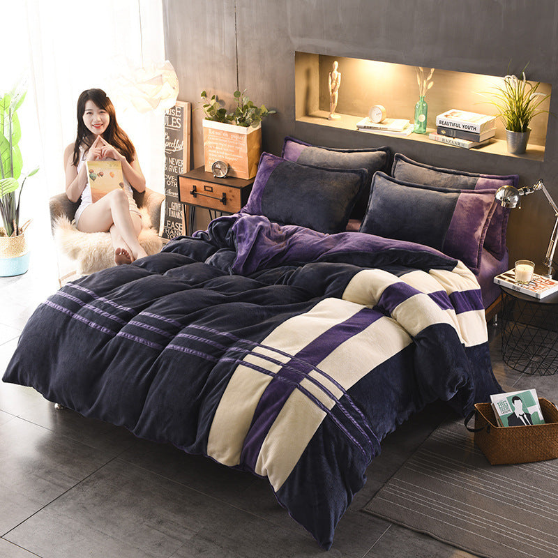 Four-piece Set Of Thickened Color Matching Striped French Velvet Sheets For Autumn And Winter