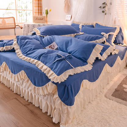 Sábana de lujo ligera para cama de matrimonio con encaje de hojas de loto, estilo princesa para dormir, de cuatro piezas, con falda de cama, color liso para niña