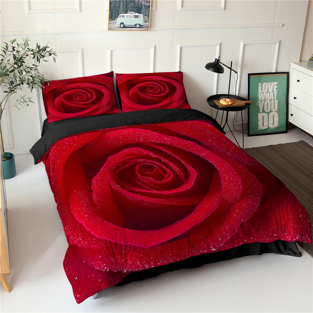 Rose Flower Series Three-piece Bedding Digital Printing Flower Bed Linen Pillowcase