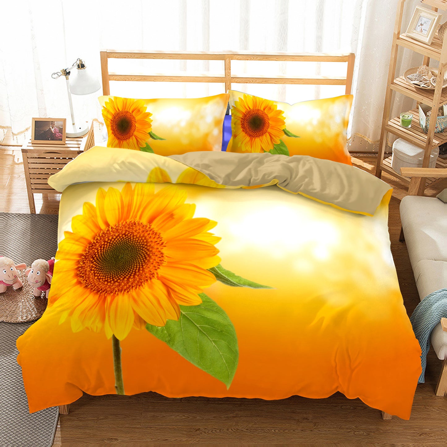 Funda de edredón de tres piezas con diseño de girasoles, textiles para el hogar y ropa de cama